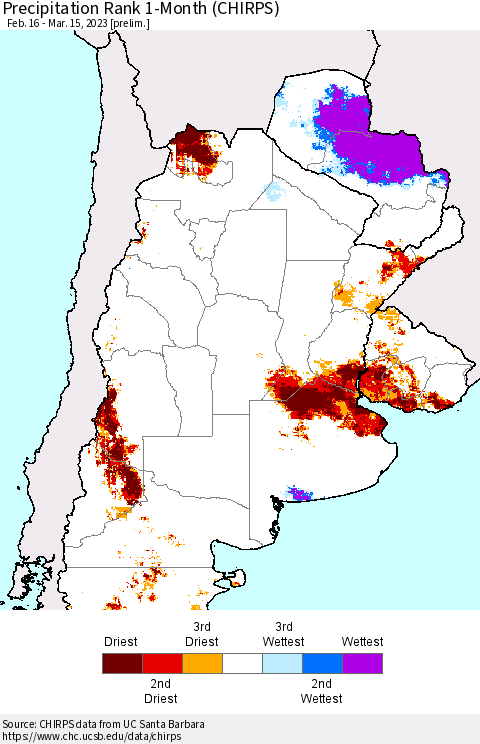 Southern South America Precipitation Rank 1-Month (CHIRPS) Thematic Map For 2/16/2023 - 3/15/2023