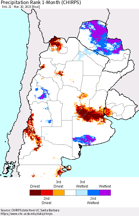 Southern South America Precipitation Rank since 1981, 1-Month (CHIRPS) Thematic Map For 2/21/2023 - 3/20/2023