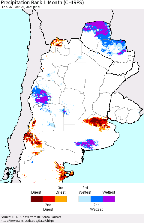 Southern South America Precipitation Rank since 1981, 1-Month (CHIRPS) Thematic Map For 2/26/2023 - 3/25/2023