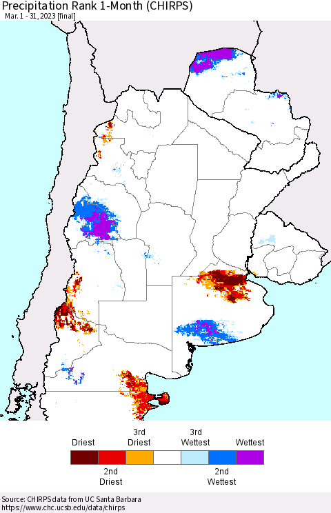 Southern South America Precipitation Rank since 1981, 1-Month (CHIRPS) Thematic Map For 3/1/2023 - 3/31/2023