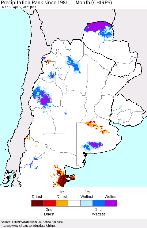 Southern South America Precipitation Rank since 1981, 1-Month (CHIRPS) Thematic Map For 3/6/2023 - 4/5/2023