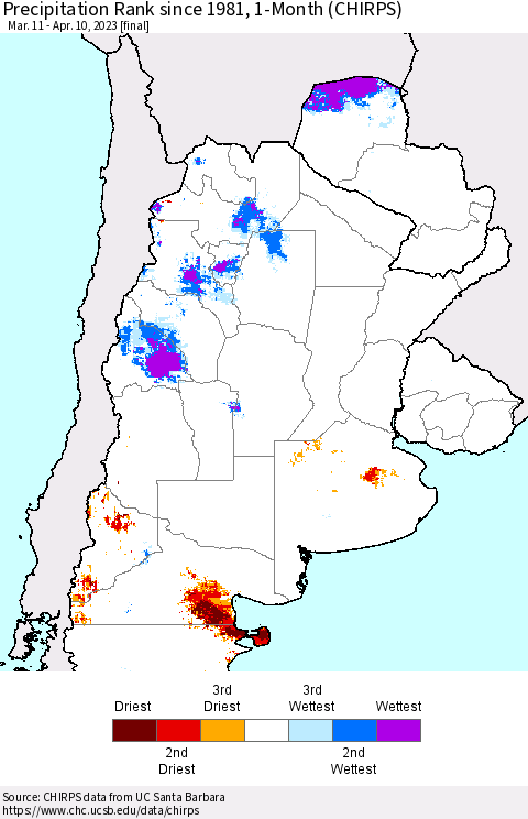 Southern South America Precipitation Rank since 1981, 1-Month (CHIRPS) Thematic Map For 3/11/2023 - 4/10/2023