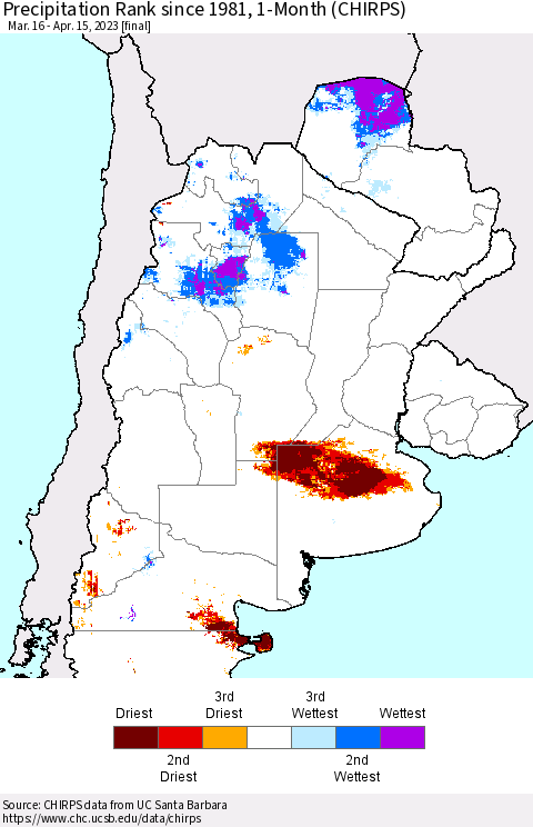 Southern South America Precipitation Rank since 1981, 1-Month (CHIRPS) Thematic Map For 3/16/2023 - 4/15/2023