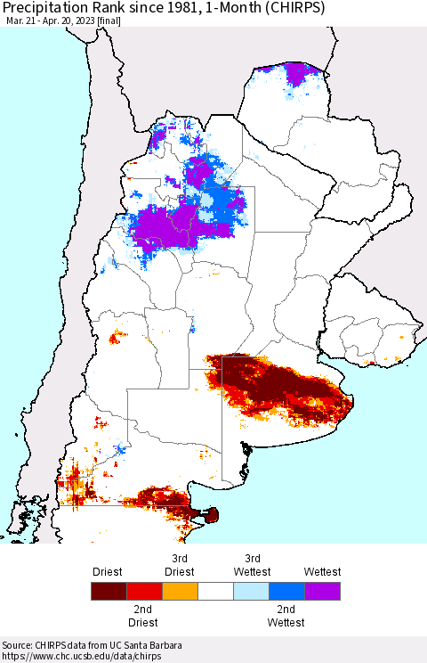 Southern South America Precipitation Rank since 1981, 1-Month (CHIRPS) Thematic Map For 3/21/2023 - 4/20/2023