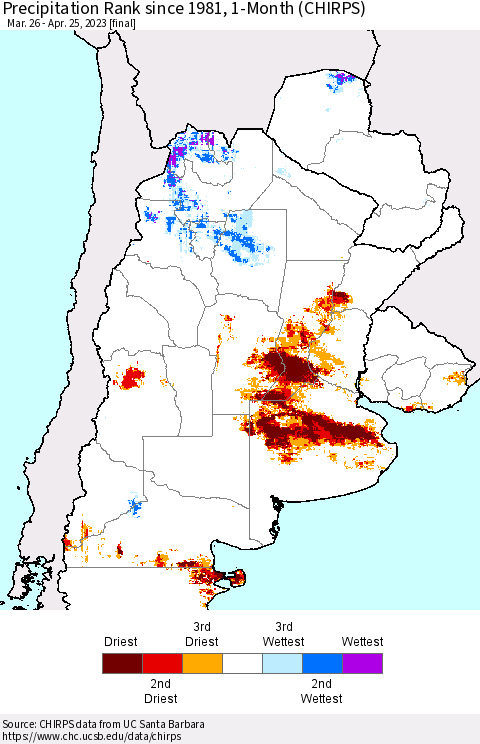 Southern South America Precipitation Rank since 1981, 1-Month (CHIRPS) Thematic Map For 3/26/2023 - 4/25/2023