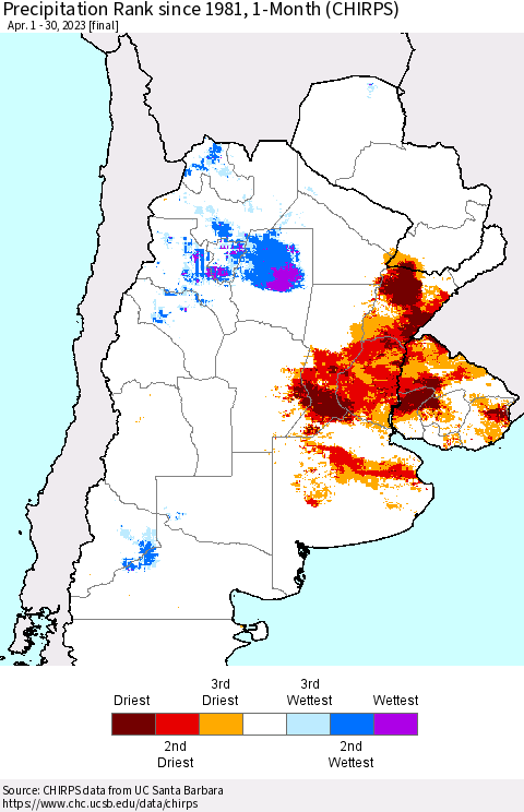 Southern South America Precipitation Rank since 1981, 1-Month (CHIRPS) Thematic Map For 4/1/2023 - 4/30/2023