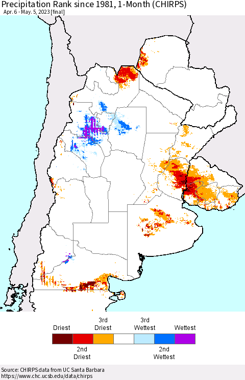 Southern South America Precipitation Rank since 1981, 1-Month (CHIRPS) Thematic Map For 4/6/2023 - 5/5/2023
