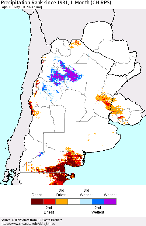 Southern South America Precipitation Rank since 1981, 1-Month (CHIRPS) Thematic Map For 4/11/2023 - 5/10/2023