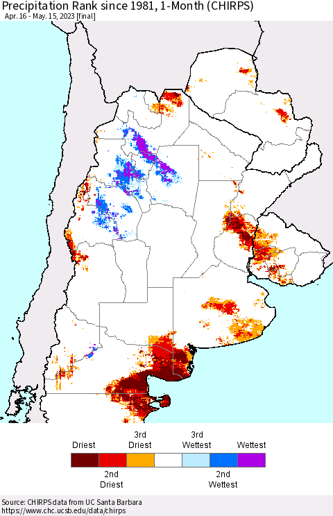 Southern South America Precipitation Rank since 1981, 1-Month (CHIRPS) Thematic Map For 4/16/2023 - 5/15/2023