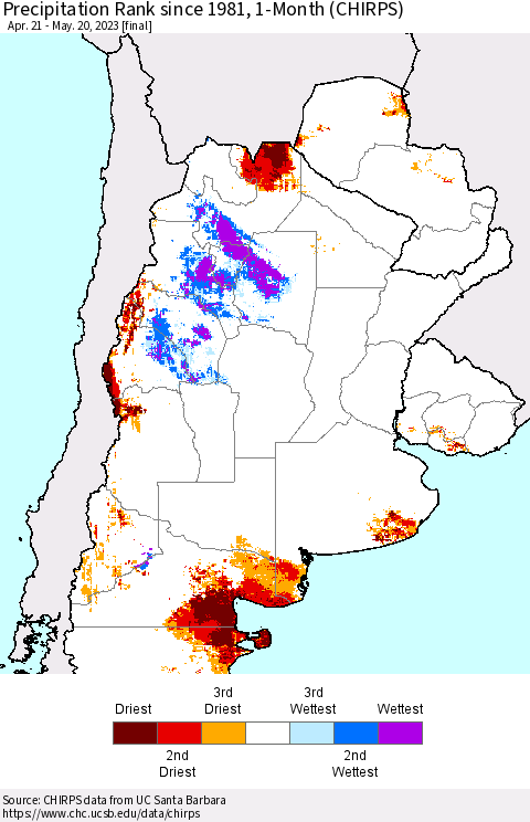 Southern South America Precipitation Rank since 1981, 1-Month (CHIRPS) Thematic Map For 4/21/2023 - 5/20/2023