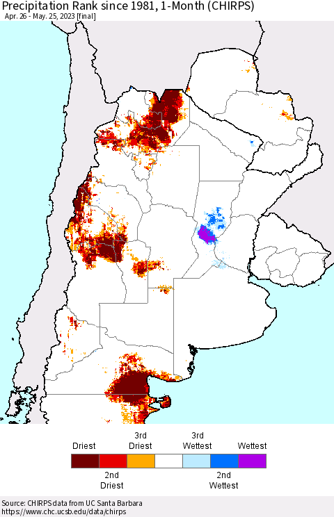 Southern South America Precipitation Rank since 1981, 1-Month (CHIRPS) Thematic Map For 4/26/2023 - 5/25/2023