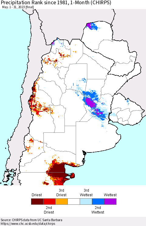 Southern South America Precipitation Rank since 1981, 1-Month (CHIRPS) Thematic Map For 5/1/2023 - 5/31/2023