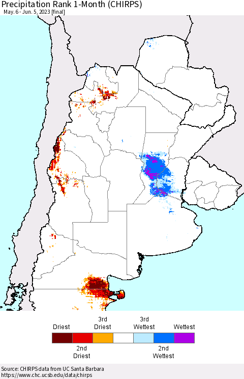 Southern South America Precipitation Rank since 1981, 1-Month (CHIRPS) Thematic Map For 5/6/2023 - 6/5/2023