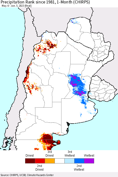 Southern South America Precipitation Rank since 1981, 1-Month (CHIRPS) Thematic Map For 5/6/2023 - 6/5/2023