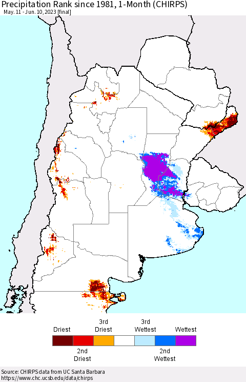 Southern South America Precipitation Rank since 1981, 1-Month (CHIRPS) Thematic Map For 5/11/2023 - 6/10/2023