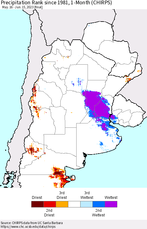 Southern South America Precipitation Rank since 1981, 1-Month (CHIRPS) Thematic Map For 5/16/2023 - 6/15/2023