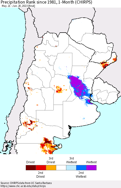Southern South America Precipitation Rank since 1981, 1-Month (CHIRPS) Thematic Map For 5/21/2023 - 6/20/2023