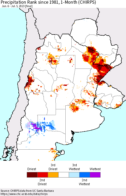 Southern South America Precipitation Rank since 1981, 1-Month (CHIRPS) Thematic Map For 6/6/2023 - 7/5/2023