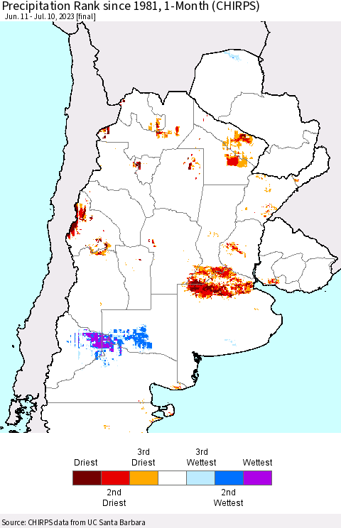 Southern South America Precipitation Rank since 1981, 1-Month (CHIRPS) Thematic Map For 6/11/2023 - 7/10/2023