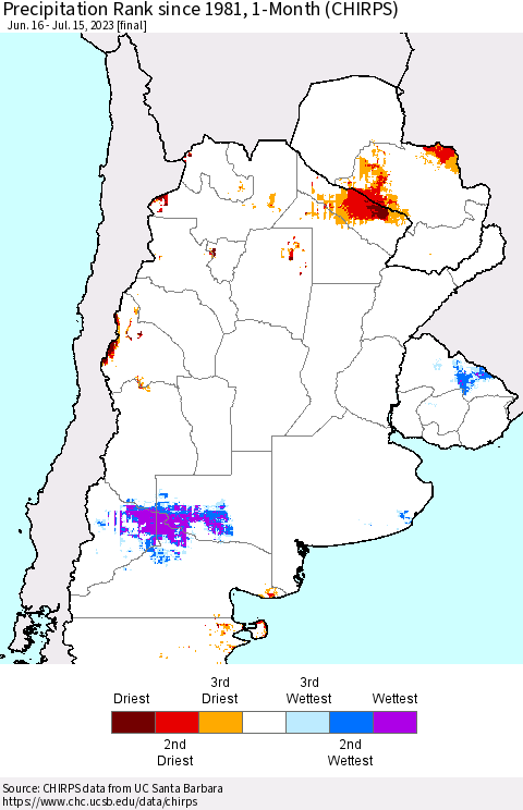 Southern South America Precipitation Rank since 1981, 1-Month (CHIRPS) Thematic Map For 6/16/2023 - 7/15/2023