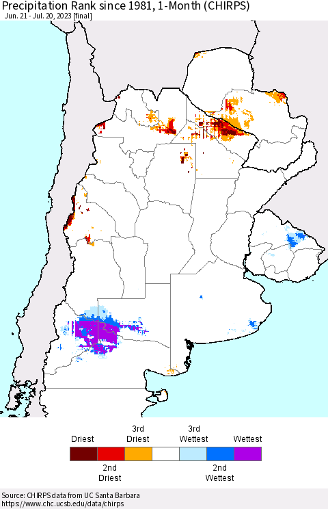 Southern South America Precipitation Rank since 1981, 1-Month (CHIRPS) Thematic Map For 6/21/2023 - 7/20/2023