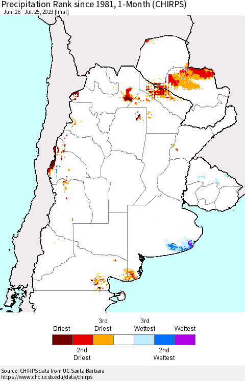 Southern South America Precipitation Rank since 1981, 1-Month (CHIRPS) Thematic Map For 6/26/2023 - 7/25/2023