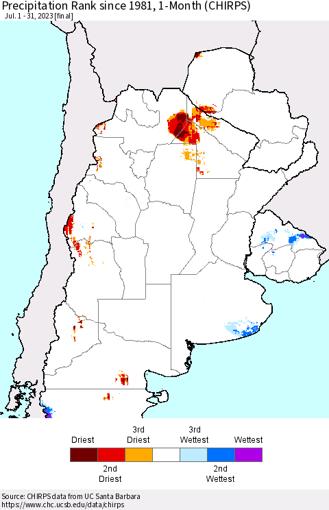 Southern South America Precipitation Rank since 1981, 1-Month (CHIRPS) Thematic Map For 7/1/2023 - 7/31/2023
