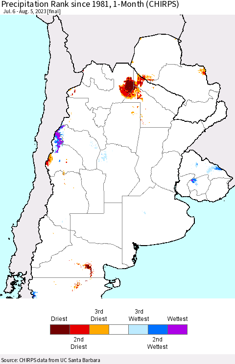 Southern South America Precipitation Rank since 1981, 1-Month (CHIRPS) Thematic Map For 7/6/2023 - 8/5/2023