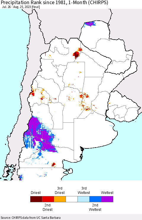 Southern South America Precipitation Rank since 1981, 1-Month (CHIRPS) Thematic Map For 7/26/2023 - 8/25/2023