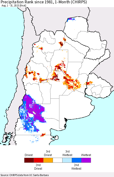 Southern South America Precipitation Rank since 1981, 1-Month (CHIRPS) Thematic Map For 8/1/2023 - 8/31/2023