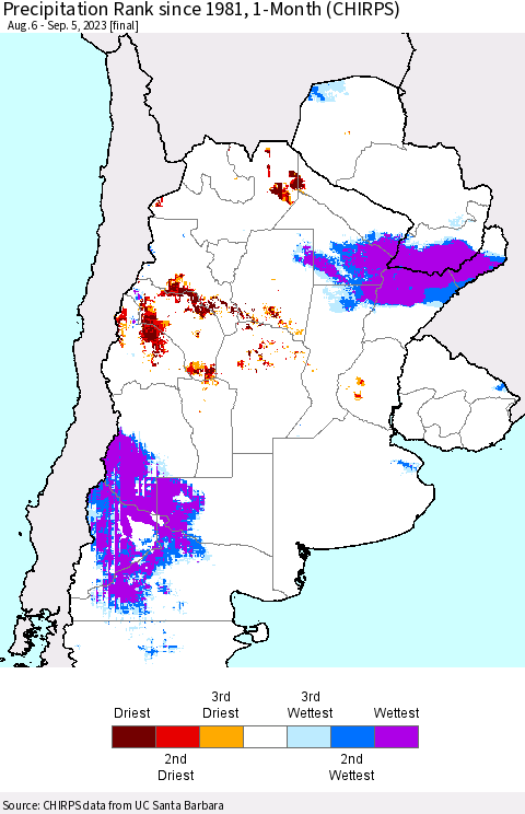 Southern South America Precipitation Rank since 1981, 1-Month (CHIRPS) Thematic Map For 8/6/2023 - 9/5/2023