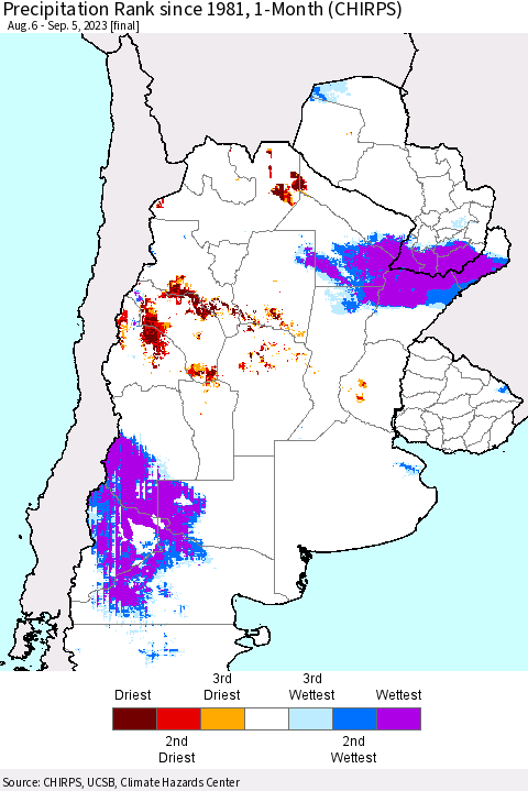 Southern South America Precipitation Rank since 1981, 1-Month (CHIRPS) Thematic Map For 8/6/2023 - 9/5/2023