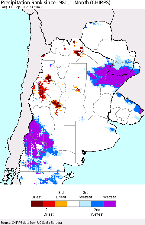 Southern South America Precipitation Rank since 1981, 1-Month (CHIRPS) Thematic Map For 8/11/2023 - 9/10/2023