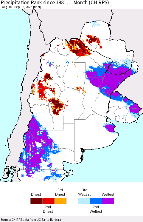 Southern South America Precipitation Rank since 1981, 1-Month (CHIRPS) Thematic Map For 8/16/2023 - 9/15/2023