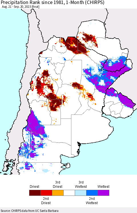 Southern South America Precipitation Rank since 1981, 1-Month (CHIRPS) Thematic Map For 8/21/2023 - 9/20/2023