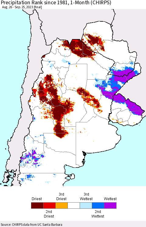 Southern South America Precipitation Rank since 1981, 1-Month (CHIRPS) Thematic Map For 8/26/2023 - 9/25/2023