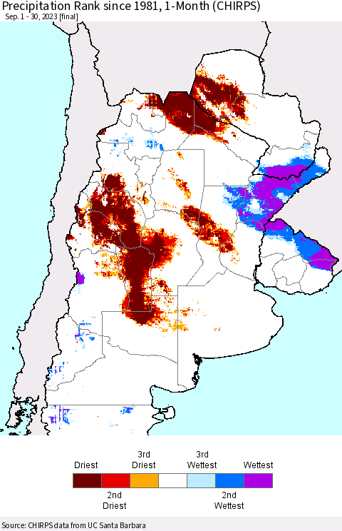 Southern South America Precipitation Rank since 1981, 1-Month (CHIRPS) Thematic Map For 9/1/2023 - 9/30/2023