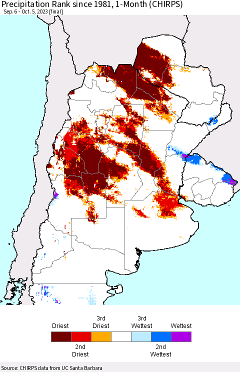 Southern South America Precipitation Rank since 1981, 1-Month (CHIRPS) Thematic Map For 9/6/2023 - 10/5/2023