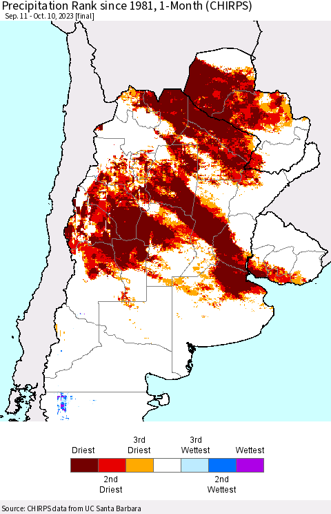 Southern South America Precipitation Rank since 1981, 1-Month (CHIRPS) Thematic Map For 9/11/2023 - 10/10/2023