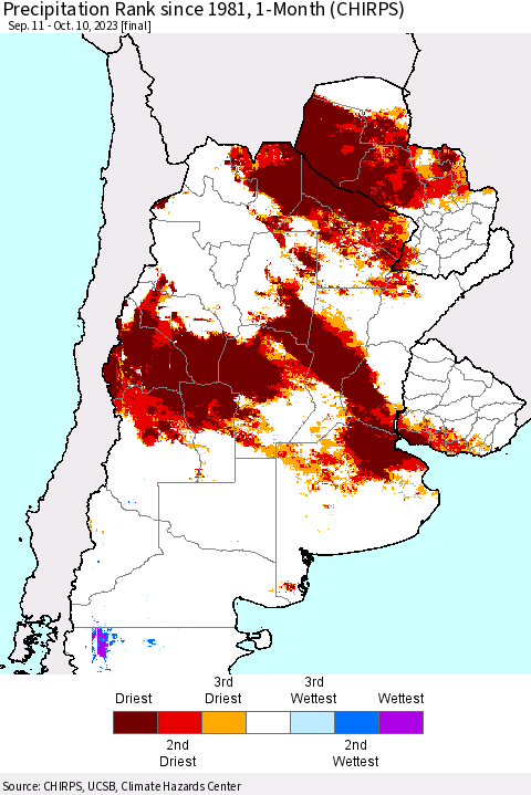 Southern South America Precipitation Rank since 1981, 1-Month (CHIRPS) Thematic Map For 9/11/2023 - 10/10/2023