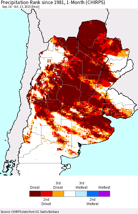 Southern South America Precipitation Rank since 1981, 1-Month (CHIRPS) Thematic Map For 9/16/2023 - 10/15/2023