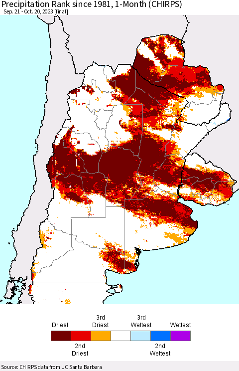 Southern South America Precipitation Rank since 1981, 1-Month (CHIRPS) Thematic Map For 9/21/2023 - 10/20/2023