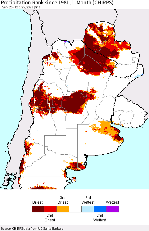 Southern South America Precipitation Rank since 1981, 1-Month (CHIRPS) Thematic Map For 9/26/2023 - 10/25/2023