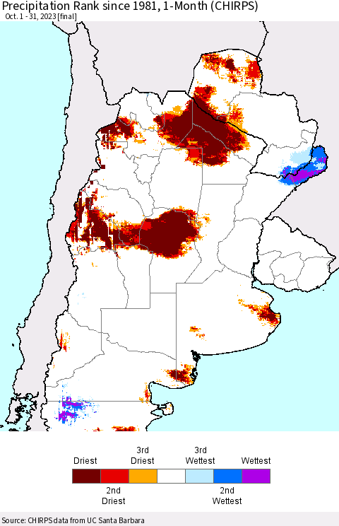 Southern South America Precipitation Rank since 1981, 1-Month (CHIRPS) Thematic Map For 10/1/2023 - 10/31/2023