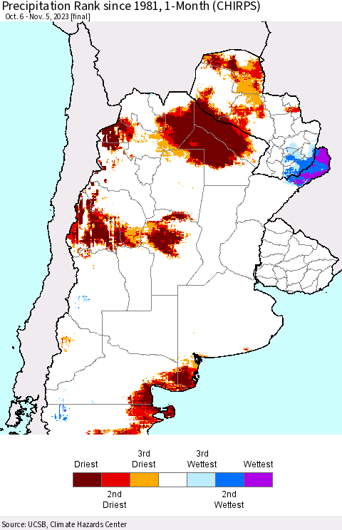 Southern South America Precipitation Rank since 1981, 1-Month (CHIRPS) Thematic Map For 10/6/2023 - 11/5/2023