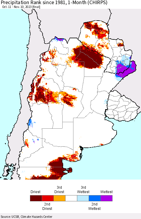 Southern South America Precipitation Rank since 1981, 1-Month (CHIRPS) Thematic Map For 10/11/2023 - 11/10/2023
