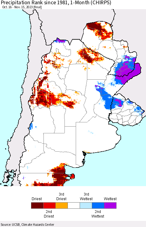 Southern South America Precipitation Rank since 1981, 1-Month (CHIRPS) Thematic Map For 10/16/2023 - 11/15/2023