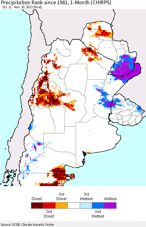 Southern South America Precipitation Rank since 1981, 1-Month (CHIRPS) Thematic Map For 10/21/2023 - 11/20/2023