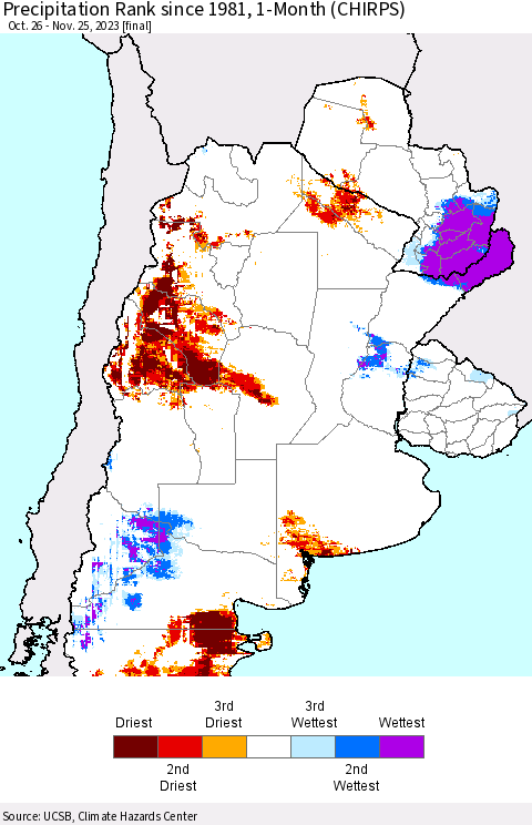 Southern South America Precipitation Rank since 1981, 1-Month (CHIRPS) Thematic Map For 10/26/2023 - 11/25/2023