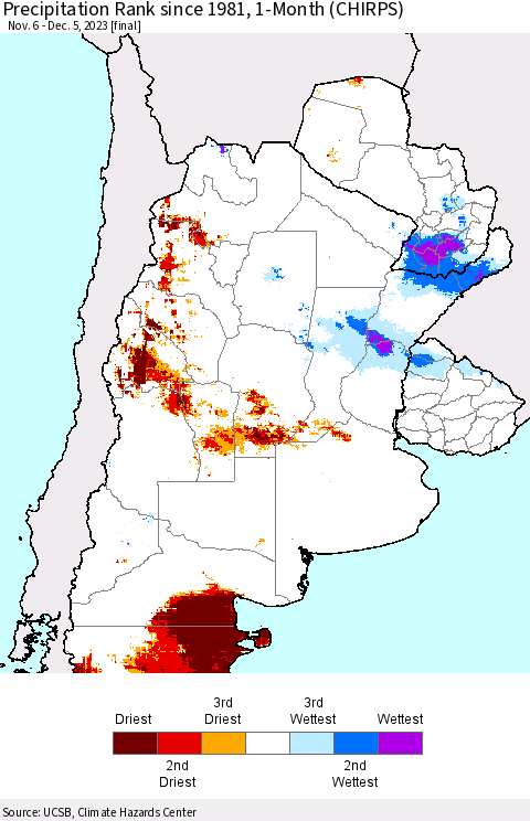 Southern South America Precipitation Rank since 1981, 1-Month (CHIRPS) Thematic Map For 11/6/2023 - 12/5/2023